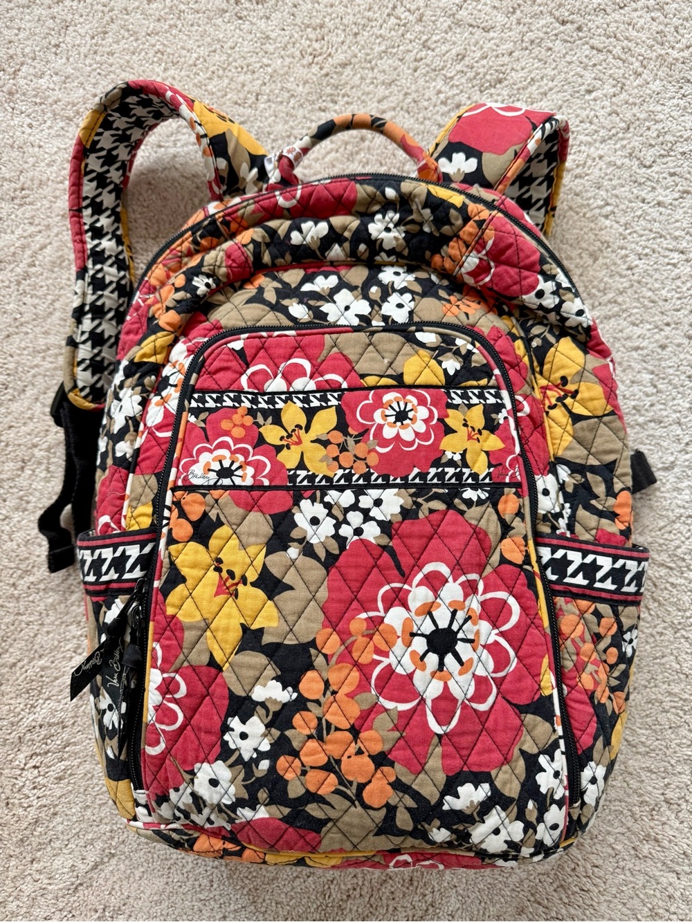 Vera Bradley Quilted Floral Backpack in Red, Yellow, Black